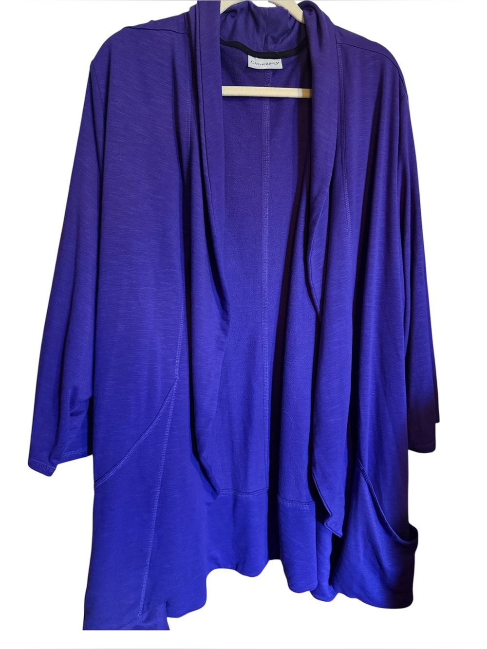 Catherine’s draped open front women’s cardigan with.pockets 2x 3x vibrant purple